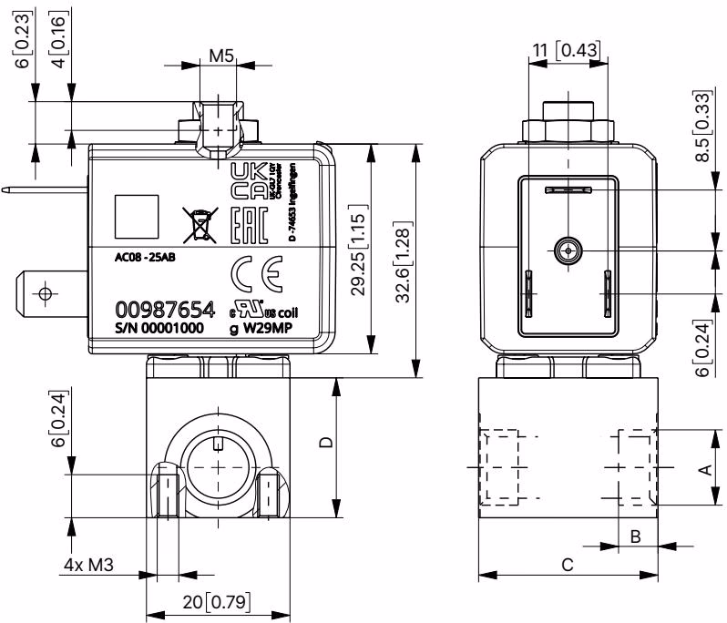 BURKERT 20009661 Type 7012 threaded body dimensional drawing