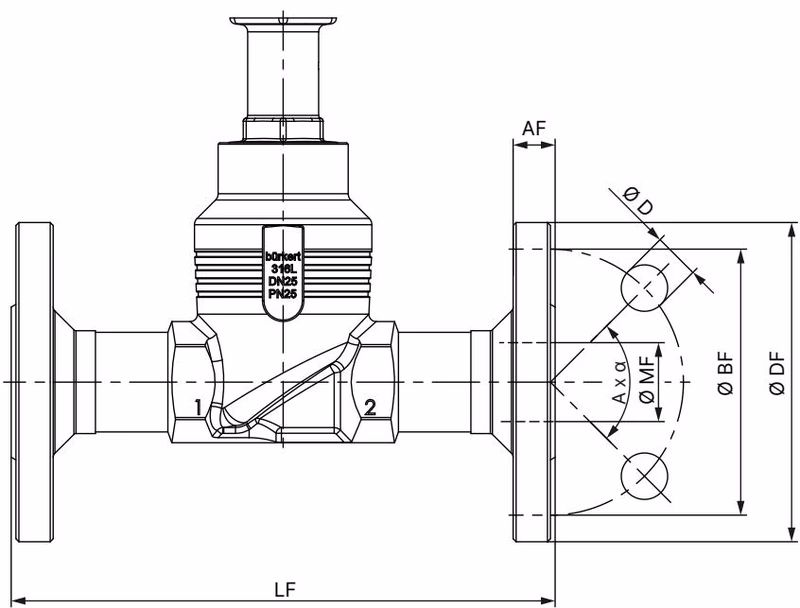 Burkert 20024508 Type 2101 body with flange connection dimensions