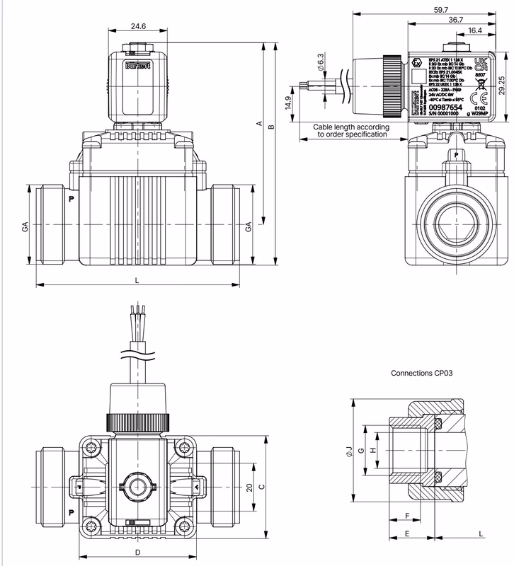 BURKERT 20069398 Type 6211 dimensions for plastic body PPE/PA