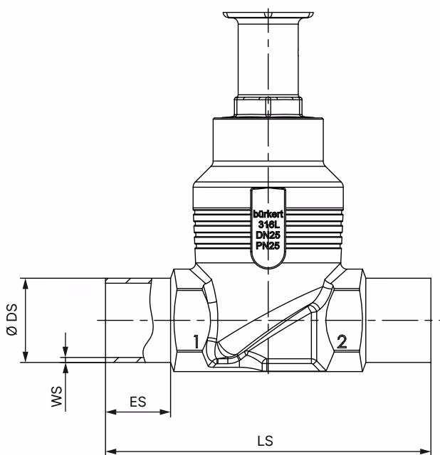 BURKERT 20111677 Burkert Type 2921 body with welded connection dimensions