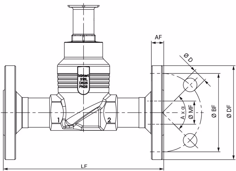 Burkert 20114631 Type 2921 flange body dimensions