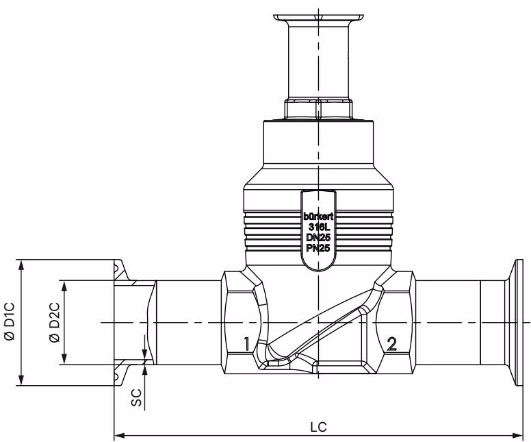 宝德(BURKERT)20117041 2921型带卡箍接口的阀体尺寸