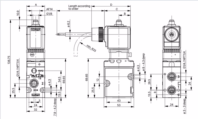 BURKERT 20139986 Type 6518 dimensional drawing for Ex mb moulded cable variant