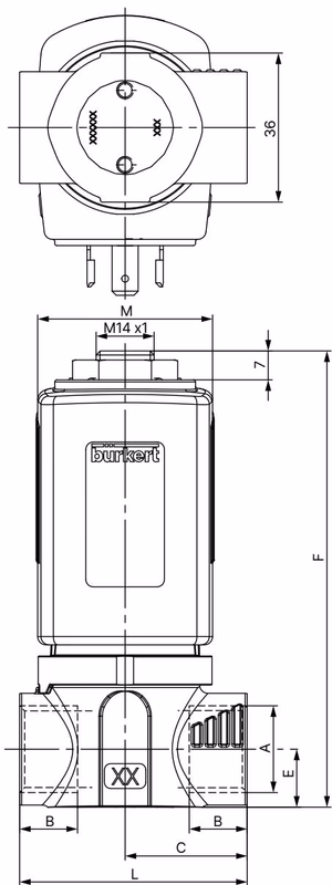 宝德 (Bürkert) 307750 6027 型螺纹版本尺寸图
