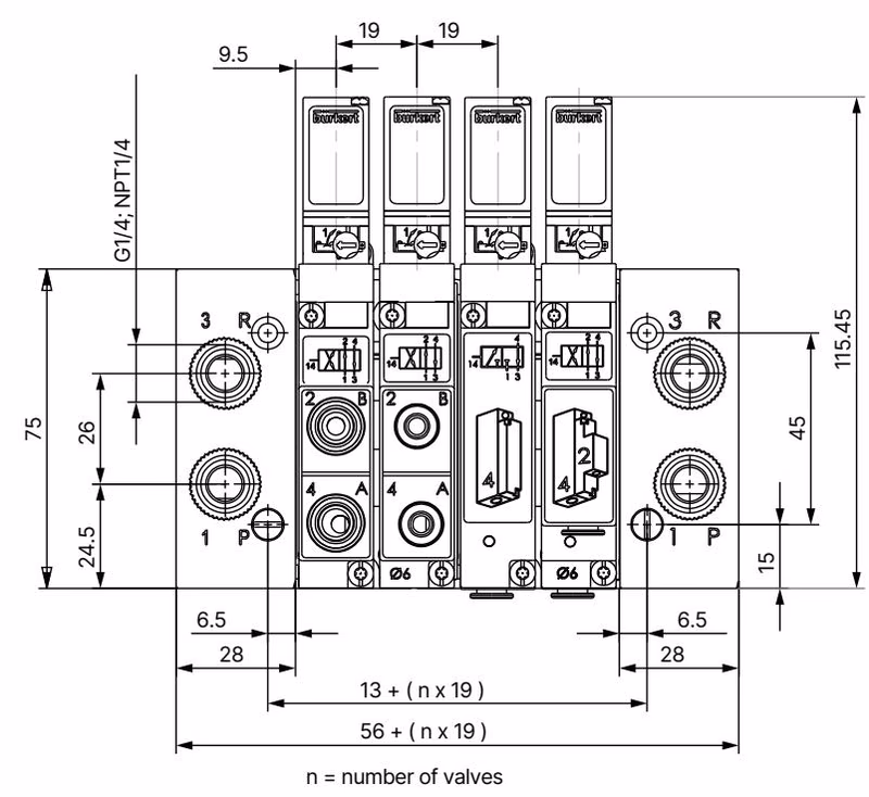 BURKERT 320659 dimensions for 19 mm block installation