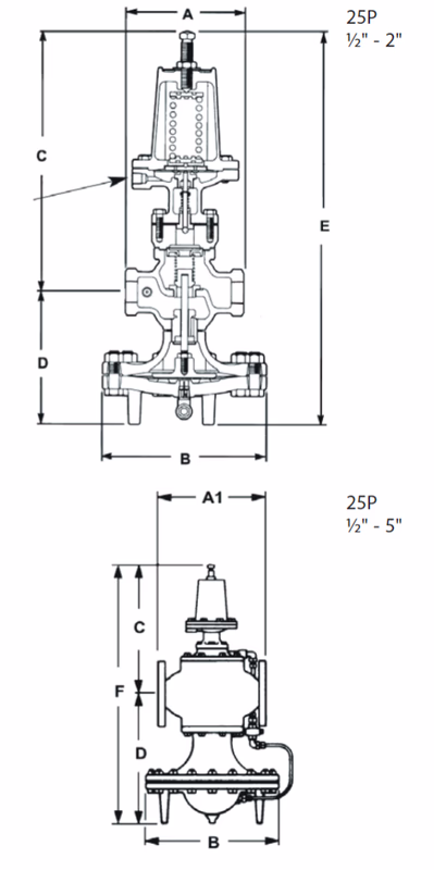 Spirax Sarco 25P Pilot Operated Pressure Reducing Valve - Dimensions