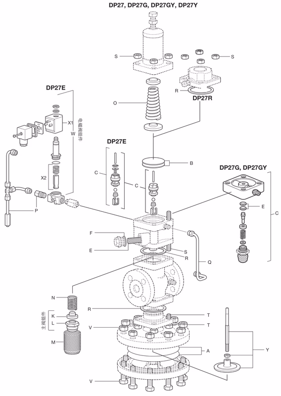 Spirax Sarco DP27 Series Pilot Operated Ductile Iron Pressure Reducing Valve - Spare Parts Drawing