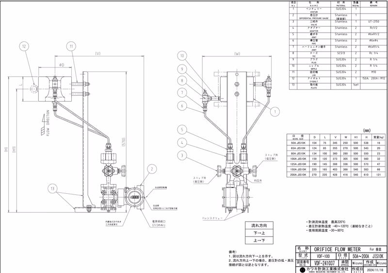 Yoshitake VDF-100 orifice flow meter vertical installation drawing